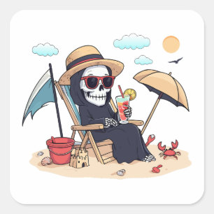 Halloween im Sommer – Sensenmann am Strand Quadratischer Aufkleber