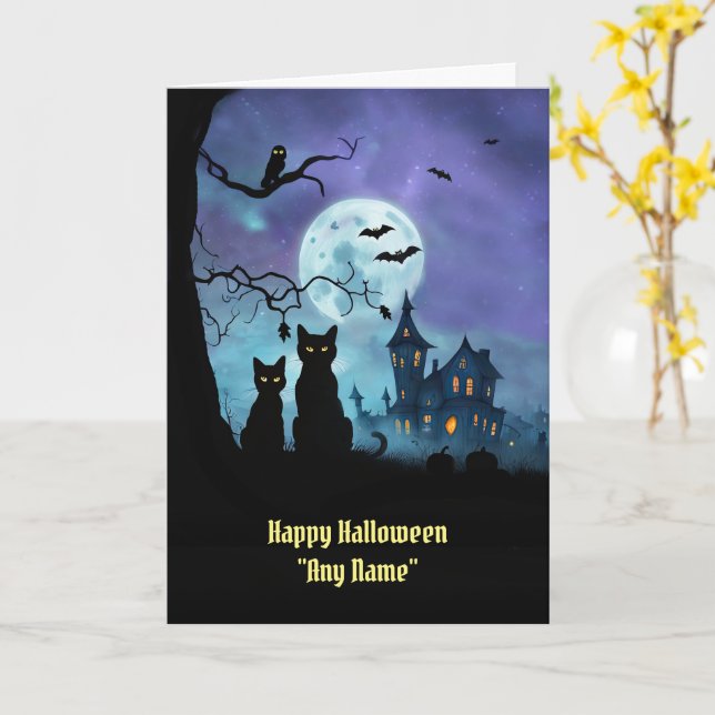 Halloween-Individuelle Name mit Niedlichen Katzen  Karte (Gelbe Blume)