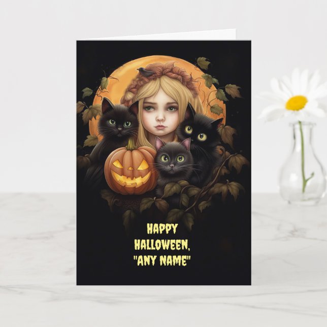 Halloween Individuelle Name Niedliche Schwarze Kat Karte (Kleine Pflanze)