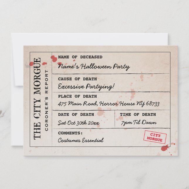 Halloween Invitation City Morgue Bureau du coroner (Devant)