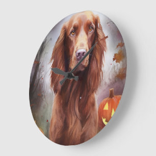 Halloween Irischer Roter Setter mit Kürbissen Grus Große Wanduhr