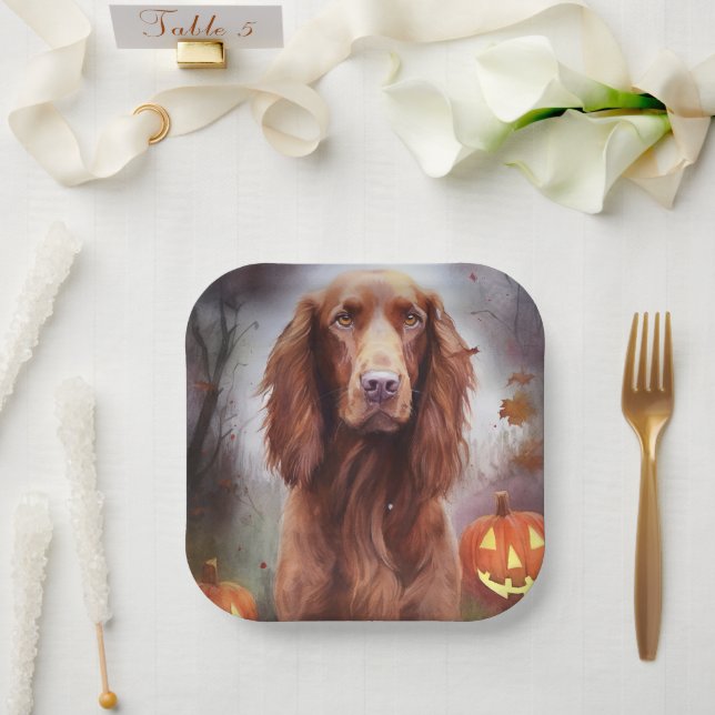 Halloween Irish Red Setter mit Pumpkins Beängstige Pappteller (Hochzeit)