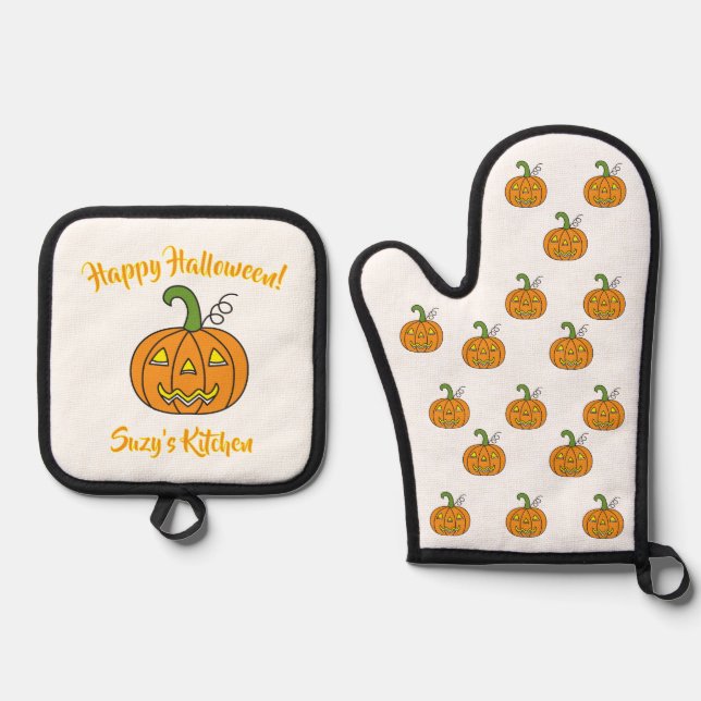 Halloween Jack-O-Lantern Ofenhandschuh & Topflappen-Set (Vorderseite)