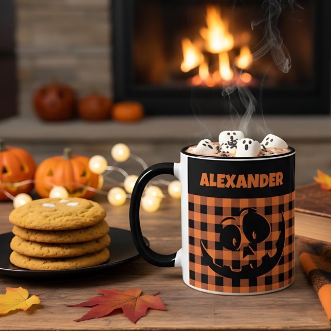 Halloween Jack-O-Lantern Orange & Black Plaid Name Tasse (Von Creator hochgeladen)