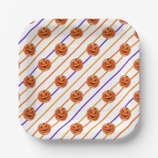 Halloween Jack-O-Lantern Streifen Pappteller (Vorderseite)