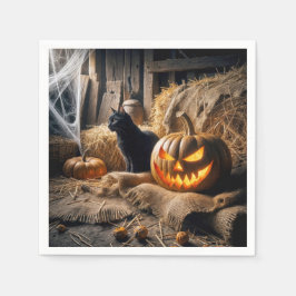 Halloween Jack-o-Lantern und Katze im Stall Serviette
