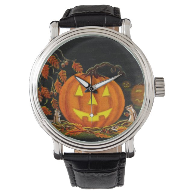 Halloween,Jack-O-Lanterns,Chipmunks,Herbst,Blätter Armbanduhr (Vorderseite)