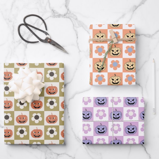 Halloween Jack-o-Laternen und daisy Schachbrett Geschenkpapier Set (Vorderseite)