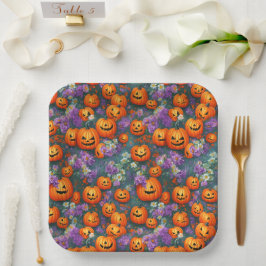 Halloween-Jack-o'-Laternen und violette Blumen Pappteller
