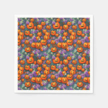 Halloween-Jack-o'-Laternen und violette Blumen