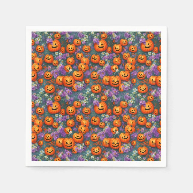 Halloween-Jack-o'-Laternen und violette Blumen Serviette (Vorderseite)