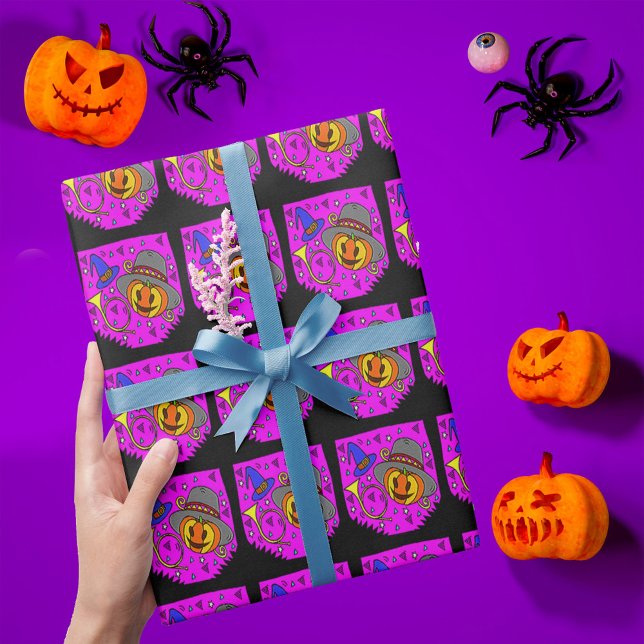Halloween Jack O'Lantern Bugle Lila Muster Geschenkpapier (Halloween Jack O'Lantern Bugle Purple Pattern Wrapping Paper)