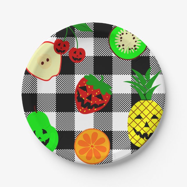 halloween jack o'lantern frucht gingham  pappteller (Vorderseite)