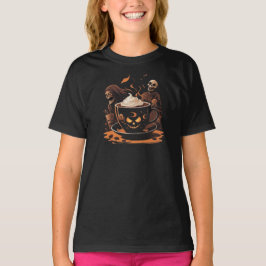 Halloween-Kaffeekunst – Gruseliger Latte mit Skele T-Shirt