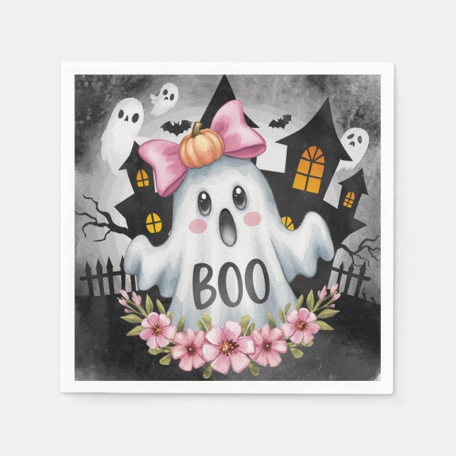 Halloween-Karte mit einem Kawaii-Geist Serviette (Vorderseite)