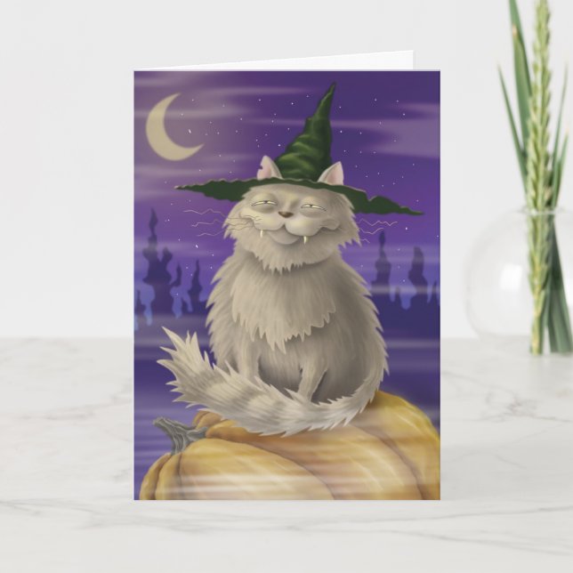 Halloween-Karte mit großer eingebildeter Hexekatze Karte (Vorderseite)