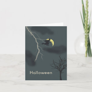 Halloween-Karte mit Hexe, Blitz und Mond Karte