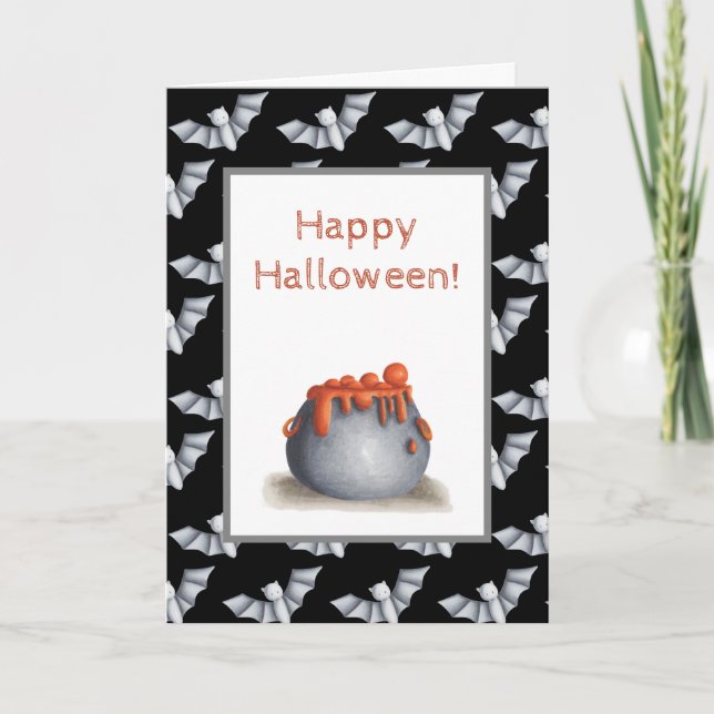 Halloween-Karte mit Kessel und Fledermaushintergru Karte (Vorderseite)