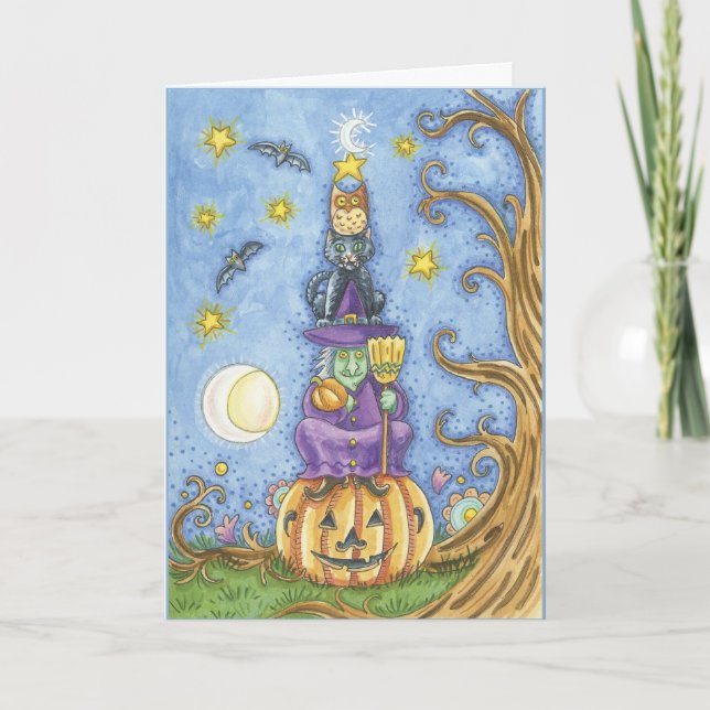 Halloween-Karte mit Totem Hexe, Katze und Eule sit Karte (Vorderseite)