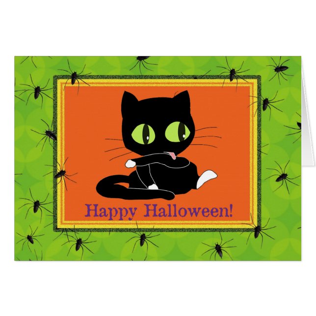 Halloween-Karte niedlich Kitty and Spiders (Vorderseite (Horizontal))