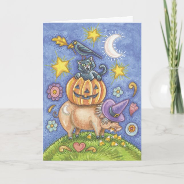 Halloween-Karte, Schwein, schwarze Katze, Kürbis, Karte (Vorderseite)