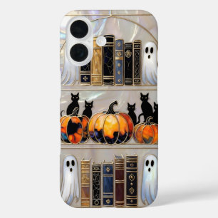 Halloween-Katz-Geister-Handyhülle Kürbis Bücherreg iPhone 16 Hülle