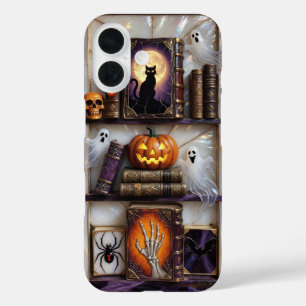 Halloween-Katz-Geister-Handyhülle Kürbis Bücherreg iPhone 16 Hülle