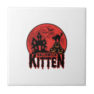 Halloween-Kätzchen Spukhaus Katze Grafik_1 Fliese