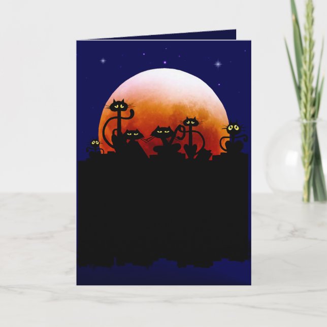 Halloween-Kätzchen und Halloween-Mond-Karte Karte (Vorderseite)