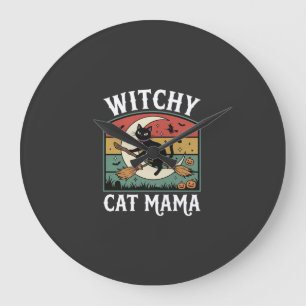 Halloween-Katze Hexen-Mama Große Wanduhr