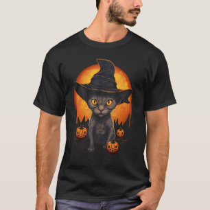 Halloween-Katze Hexenhut Mond Kürbis T-Shirt