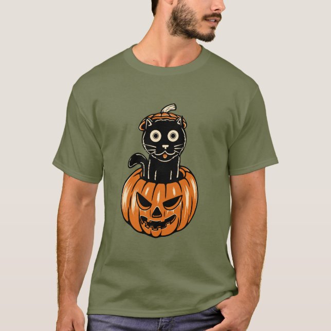 Halloween-Katze im Pumkin-T - Shirt (Vorderseite)