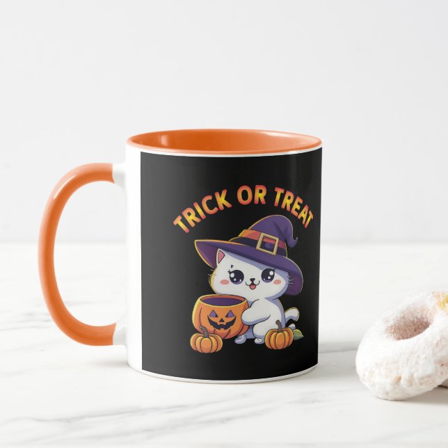 Halloween-Katze mit Jack O' Lantern Pumpkin Tasse (Mit Donut)