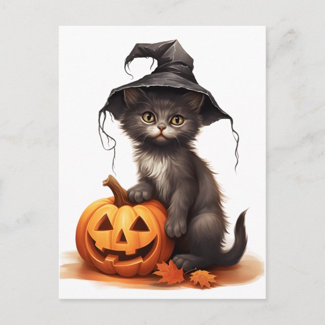 Halloween-Katze mit Kürbis Feiertagspostkarte (Vorderseite)