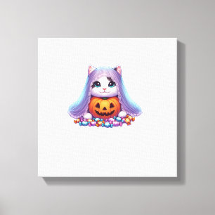 Halloween-Katze mit Kürbis und Süßigkeiten Langarm Leinwanddruck