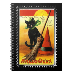Halloween-Katze sitzt Hexenhut Notizblock
