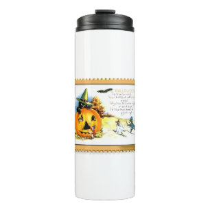 Halloween-Katze sitzt in Jack O Lantern Thermosbecher