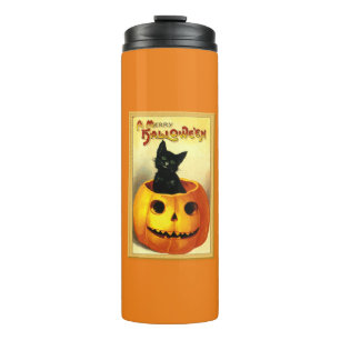 Halloween-Katze sitzt in Jack O Lantern Thermosbecher