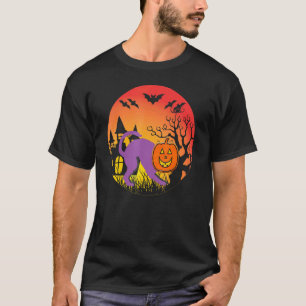 Halloween-Katze Spukhaus Hexe Fledermäuse T-Shirt