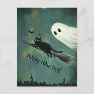 Halloween-Katze und Geist spuken Postkarte