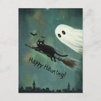 Halloween-Katze und Geist spuken Postkarte