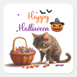 Halloween-Katze und Jack O Lantern Süßigkeiten Übe Quadratischer Aufkleber