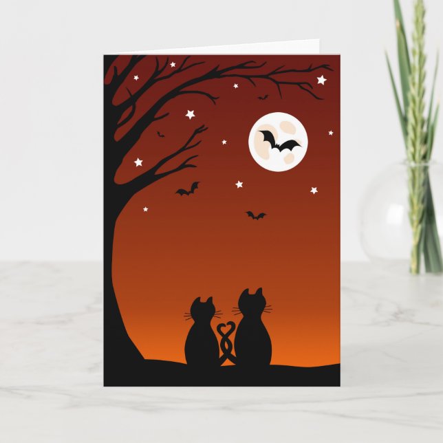 Halloween-Katzen, die den Mond betrachten Karte (Vorderseite)