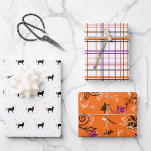 Halloween Katzen, Pflaumen und Blume Geschenkpapier Set