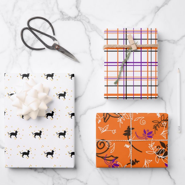 Halloween Katzen, Pflaumen und Blume Geschenkpapier Set (Vorderseite)