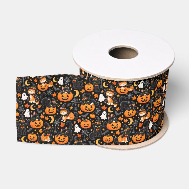 Halloween-Katzenband, gruseliger Kürbis und schwar Ripsband (Spule)