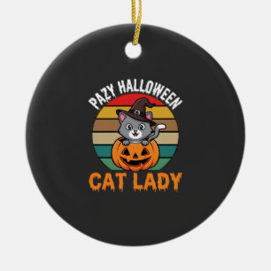 Halloween Katzenlady Hexe Kürbis Retro Design Keramik Ornament