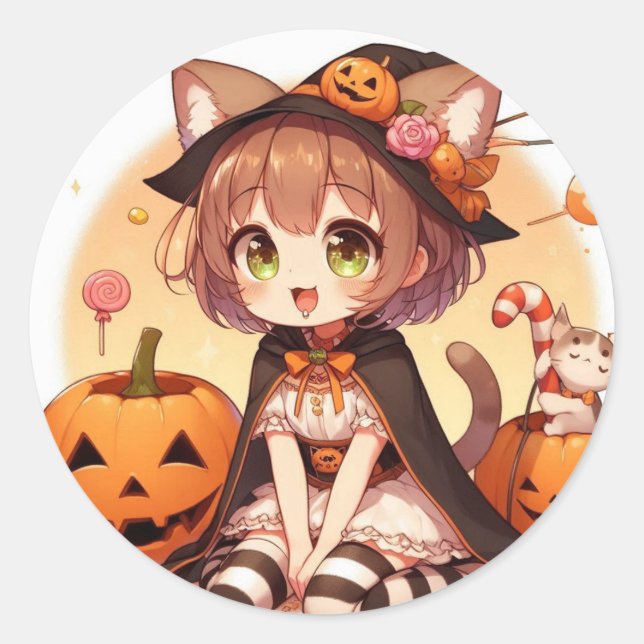 Halloween-Katzenmädchen Runder Aufkleber (Vorderseite)