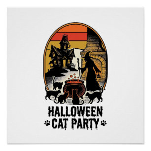 Halloween-Katzenparty Vintage-Hexenkatzen-Design_1 Poster