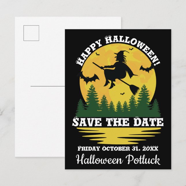 Halloween Kaution Hexe überquert flying Broomstick Ankündigungspostkarte (Vorne/Hinten)